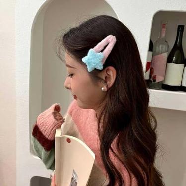 Imagem de 1 par de grampos de cabelo femininos com estrela de pelúcia fofa e fofa, acessórios de cabelo antiderrapantes, azul rosa, 8,5 x 5 cm