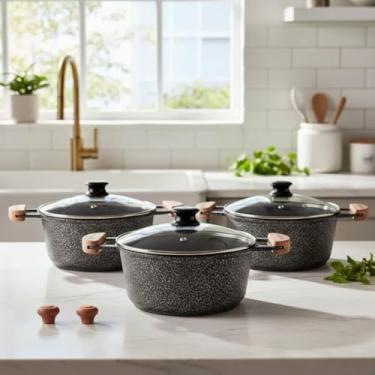 Imagem de Conjunto de Panelas Antiaderente Cerâmica, 3 Peças, Preto, Com Tampa de Vidro, Alças de Madeira, Para Cozinha