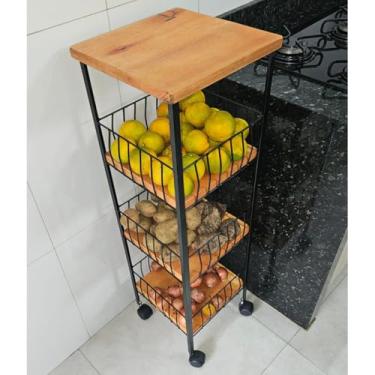 Imagem de Fruteira de Chão Ferro e Madeira Maciça 3 Andares Com Rodinhas Artesanal Prateleira Porta Filtro Organização para Cozinha Pintura Eltrostática Anti Ferrugem Madeira Com Verniz Fosco Anti Fungos