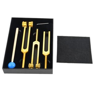 Imagem de ETERMETA Conjunto de diapasão 128Hz, 256Hz, 512Hz Essential, diapasão de instrumento de som de alumínio com martelo reflexo, pano de limpeza, chave inglesa e caixa, dourado