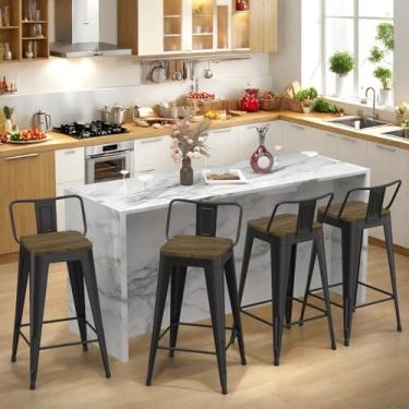 Imagem de Homvinax Conjunto de 4 bancos de bar de 66 cm, bancos de metal para balcão de cozinha com assento de madeira, bancos de bar industriais com encosto baixo (preto fosco)