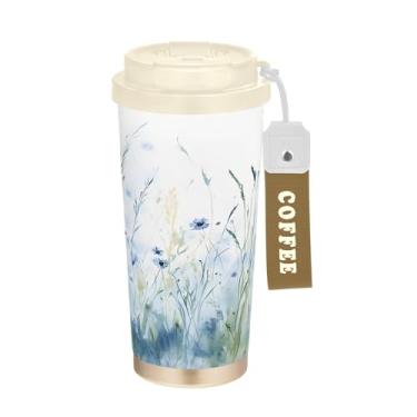 Imagem de SEHANY Caneca de viagem colorida de ervas silvestres de 500 ml Copos de café reutilizáveis revestidos de cerâmica com tampa à prova de vazamento, parede dupla, isolamento a vácuo, copo de café de aço