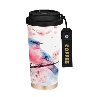 Imagem de SEHANY Caneca de café de viagem Blue Birds 482 g com tampa revestida de cerâmica e à prova de vazamento, parede dupla, isolada a vácuo, copo de aço inoxidável para bebidas quentes e frias