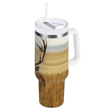 Imagem de Blueangle Copo isolado de 850 g com alça e tampa de canudo - Caneca de viagem de aço inoxidável à prova de vazamento, garrafa de água de veado de campo de trigo a vácuo de parede dupla (732)