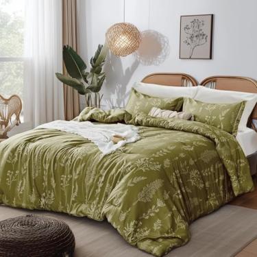 Imagem de Kozyhvn Conjunto de edredom floral, King, verde-oliva, fofo canteiro de flores em uma bolsa, 7 peças, macio, fofo, edredom com edredom, lençóis, fronhas e fronhas, todas as estações