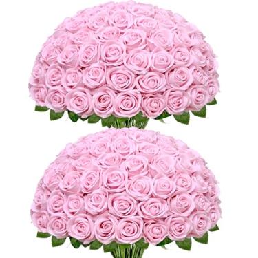 Imagem de Waipfaru 100 peças de rosas rosa, rosas falsas flores de veleto artificial para decoração de centro de mesa de casamento dia das mães dos namorados (rosa)