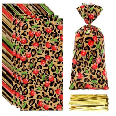 Imagem de JarThenaAMCS 100 unidades de sacos de celofane de chita cereja com laços torcidos, saco de petisco, estampa de leopardo, sacolas de doces de plástico para meninas, mulheres, casamento, chá de bebê