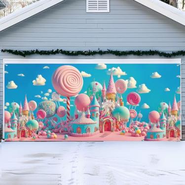 Imagem de Mindsoft Decorações de porta de garagem de Natal 5 x 2,1 m extra grande Natal doce terra impressa pano de fundo colorido pirulito capa de garagem para decoração de festa de Natal