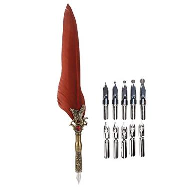 Imagem de Caneta de pena artesanal retrô esculpida em aço inoxidável lápis de imersão elegante ferramenta de escrita de assinatura para caligrafia de casamento decoração de mesa conjunto de (Castanho Vermelho)