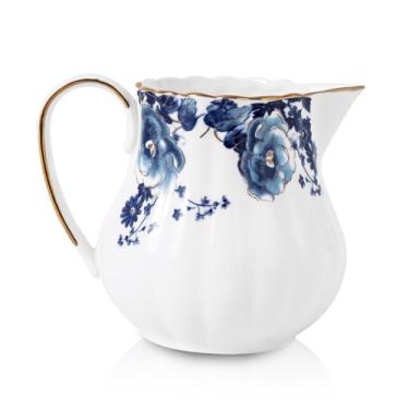 Imagem de Agyiuns Jarra de creme de 215 g, jarra de leite pequena com alça, jarra de leite pequena para café, molhos, salada (branco com flor azul)