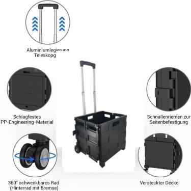 Imagem de Carrinho Compras Dobravel 45kg Cesto Multiuso Tampa Feira Ferramentas Roda Vira Maleta