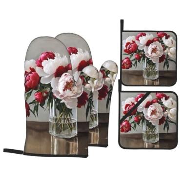 Imagem de Conjunto de luvas de cozinha com estampa de flores de peônia com suportes de tampa, luvas de forno resistentes ao calor para lidar com panelas quentes, grelhar, churrascos, kit de 4 peças.