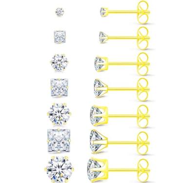 Imagem de Conjunto de 7 pares de brincos quadrados redondos de diamante e argola, hipoalergênicos, zircônia cúbica, diamante, titânio, aço inoxidável, prata, ouro rosa, preto, quadrado, redondo, zircônia cúbica