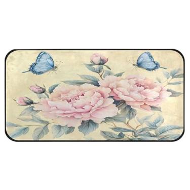 Imagem de Burbuja Tapete de cozinha delicado peônias borboletas rosa 51 x 99 cm, tapete lavável antiderrapante com suporte de borracha, tapete para cozinha, sala de estar, banheiro, decoração de casa