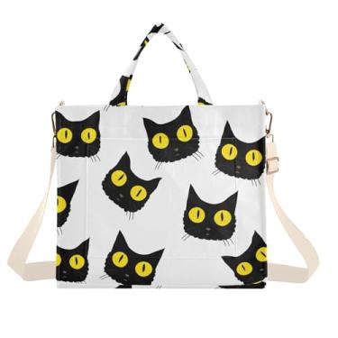 Imagem de Burbuja Linda sacola feminina preta com rostos de gato, bolsa tiracolo de veludo cotelê para compras, trabalho, viagens, Lindas caras de gato preto, Medium