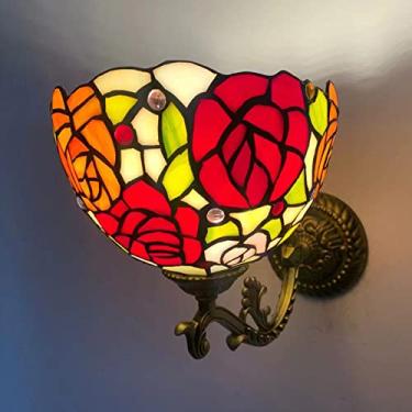 Imagem de Arandela de parede em vitral com rosas, estilo Tiffany, luminária de parede retrô com espelho frontal para quarto, cabeceira, corredor e varanda, 20 cm (8 polegadas)