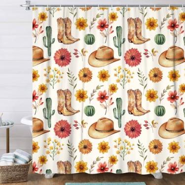 Imagem de Xiaoput Cortina de chuveiro floral oeste, flores retrô, botas de caubói ocidental, chapéus, cacto, estética ocidental, cortina de banho, planta cortina de banho, acessórios de banheiro, decoração com