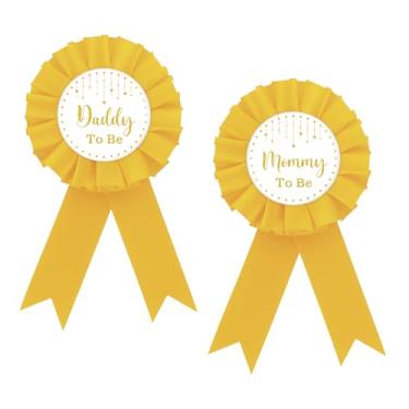 Imagem de Broche de crachá Twinkle Little Star Mom to Be, Little Star Daddy to Be, botão de fita de prêmio de chá de bebê rosa amarela para novos pais, revelação de gênero/anúncio de gravidez suprimentos de