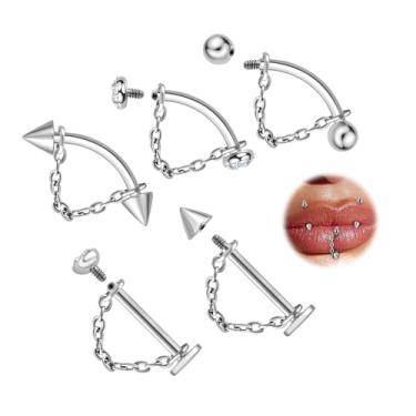 Imagem de ALACLO 5 peças de piercing labial vertical labret 16G joia tragus helix torre piercing joias com corrente labret stud cartilagem brincos para mulheres 10 mm prata