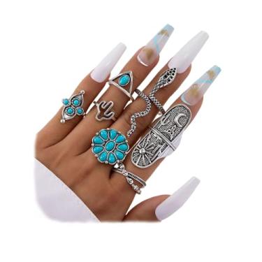 Imagem de Conjunto de anéis vintage turquesa ocidentais para mulheres, exagerados volumosos ovais florais de cobra, joia rústica em camadas Boho Stack, Liga de aço, Sem pedra preciosa