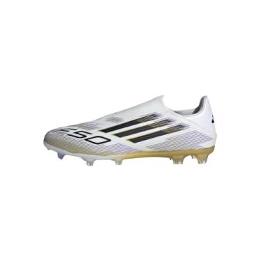 Imagem de adidas Tênis unissex adulto F50 League sem cadarço firme, Branco/preto/dourado metálico, 13 Women/12 Men