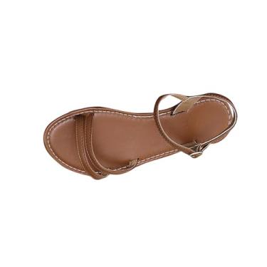 Imagem de Sandálias romanas casuais femininas com tira de fivela no dedo do pé para uso no verão, adequadas para uso interno e externo com tecido PU com fivela ajustável, Marrom, 38