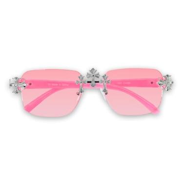 Imagem de ICE STAR Óculos de sol clássicos sem aro com cruz tripla – Sombras de design sem moldura para homens e mulheres, presente de moda urbana de luxo, Prata com gradiente rosa