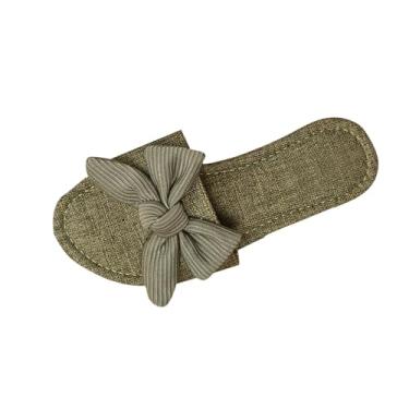 Imagem de Pantufa plana estilo verão cor sólida laço de uma linha bico redondo casual confortável sem cadarço, Verde militar, 34