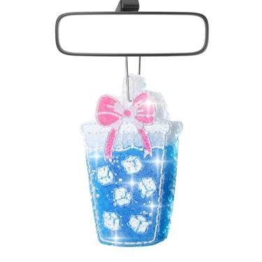 Imagem de MUBYOK Xícara de café azul feita à mão para carro Freshie – Aromatizadores de ar de carro com perfume de couro fora da lei com cartolina, contas de aroma perfumado, glitter – Fragrância de longa