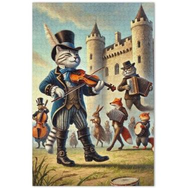 Imagem de Quebra-cabeça adulto com estampa de músico de gato engraçado 500 peças paisagem floral jogo de quebra-cabeça rígido presentes tecnológicos, 51 x 35 centímetros
