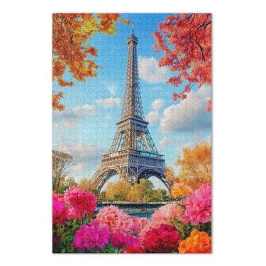 Imagem de Quebra-cabeça Eiffel Flores rosa adulto com letras nas costas 500 peças grandes quebra-cabeças para adultos