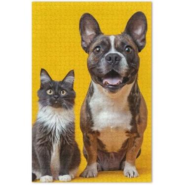 Imagem de Quebra-cabeça de 500 peças com estampa de animais de gato e cachorro engraçado, adultos, pintura animal, arte, quebra-cabeças rígidos, presentes de elefante branco, 51 x 35 cm