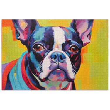 Imagem de Linda pintura de cachorro Boston Terrier 1000 peças quebra-cabeça para adultos divertido brinquedo bobo adulto pintura de belas artes