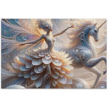 Imagem de Quebra-cabeça fantástico de fada de unicórnio com flores 500 peças para adultos pintura de belas artes quebra-cabeça duro elefante branco, 51 x 35 centímetros