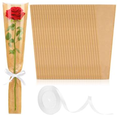 Imagem de Mauproy Pacote com 50 mangas de flor única, sacos de rosa única, sacos de papel kraft, sacos de embrulho florais com fitas para casamento, aniversário, suprimentos para floristas (12 x 40 cm)