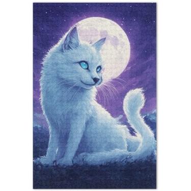 Imagem de Quebra-cabeças de gato fofo lua noite adulto 500 peças paisagem floral quebra-cabeças legais para adultos presentes de jogo 50,5 x 14,9 polegadas