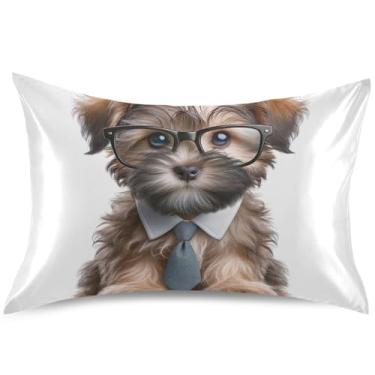 Imagem de Capa de almofada de cetim para cachorrinho de terrier fofo com estampa de travesseiro king queen padrão arte fofa decoração de almofadas de cama, tamanho padrão, 66 cm x 50 cm