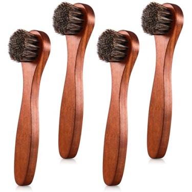 Imagem de Kit de 4 pincéis de sapatos de crina de cavalo, aplicadores de polimento, de couro, botas, escovas de cuidados, escova de limpeza de camurça com pano de sapato de microfibra (alça marrom A)