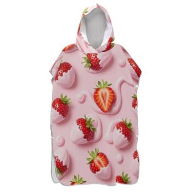 Imagem de TSENQUE Roupão de mudança rosa cremoso de morangos vívidos para adultos, poncho de surfe, ponchos de praia plus size, para homens, estampa de toalha de praia com capuz