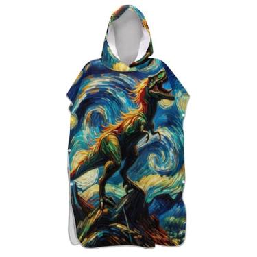 Imagem de TSENQUE Roupão para adultos poncho de surfe praia moletom toalha de natação masculino vestível poncho com capuz arte colorfu dinossauro noite estrelada