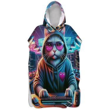 Imagem de Joisal Poncho de surfe trocador de roupão para adultos praia moletom toalha de natação masculino feminino poncho com capuz gato legal animal neon