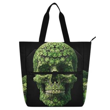 Imagem de GAIGEO Green Clovers Bolsa feminina de trabalho de caveira de lona com zíper para professores de presente para amantes de livros