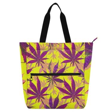 Imagem de GAIGEO Sacolas de trabalho amarelas com folhas de bordo roxas para mulheres bolsa escolar de lona para livros para mulheres