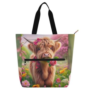 Imagem de GAIGEO Bolsa de mão Highland Calf Spring Floral Book para mulheres, crianças, escola, professora, trabalho, bolsa de lona com zíper
