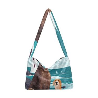 Imagem de Bolsas de ombro femininas de beisebol de couro branco com costura vermelha, bolsa feminina de pelúcia, bolsa feminina para uso ao ar livre, Two Dogs By the Sea, One Size