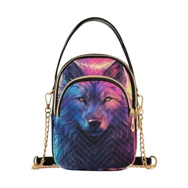 Imagem de Bolsa tiracolo feminina Blue Snowflakes over a Snowy Space, pequena bolsa transversal com alça, bolsas transversais confortáveis, Lobo em roxo e cádmio-3, One Size