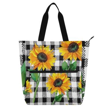 Imagem de GAIGEO Bolsa de lona floral com zíper floral girassóis preto e branco para mulheres amantes de livros