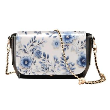 Imagem de Shamrocks Clover and Bottle Bolsa feminina de couro, bolsa transversal de couro, bolsas transversais para mulheres, médio, Flores azuis em uma luz, One Size