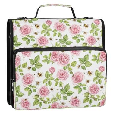 Imagem de Bolsa organizadora de fichário com zíper, flores rosas, folhas verdes, abelhas, com alça, 3 anéis, 3 anéis, 3 cm D, fichário, pasta para documentos de viagem para escola, escritório, documentos de