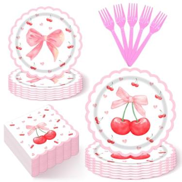 Imagem de Lianxuia 96 peças de decorações de festa de aniversário de cereja com laço rosa, conjunto de guardanapos e garfos, pratos de papel descartáveis, chá de bebê, festa de aniversário de meninas, serve 24